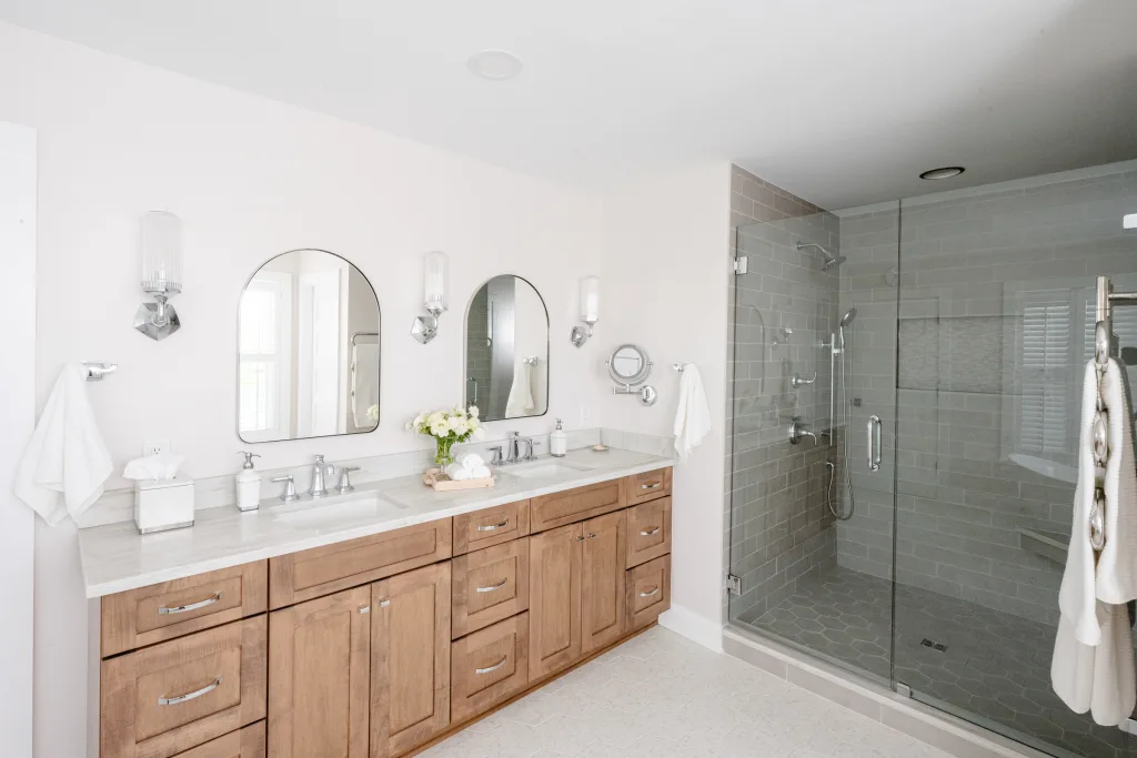 Custom wood double vanity and glass walk-in shower in Charleston, SC