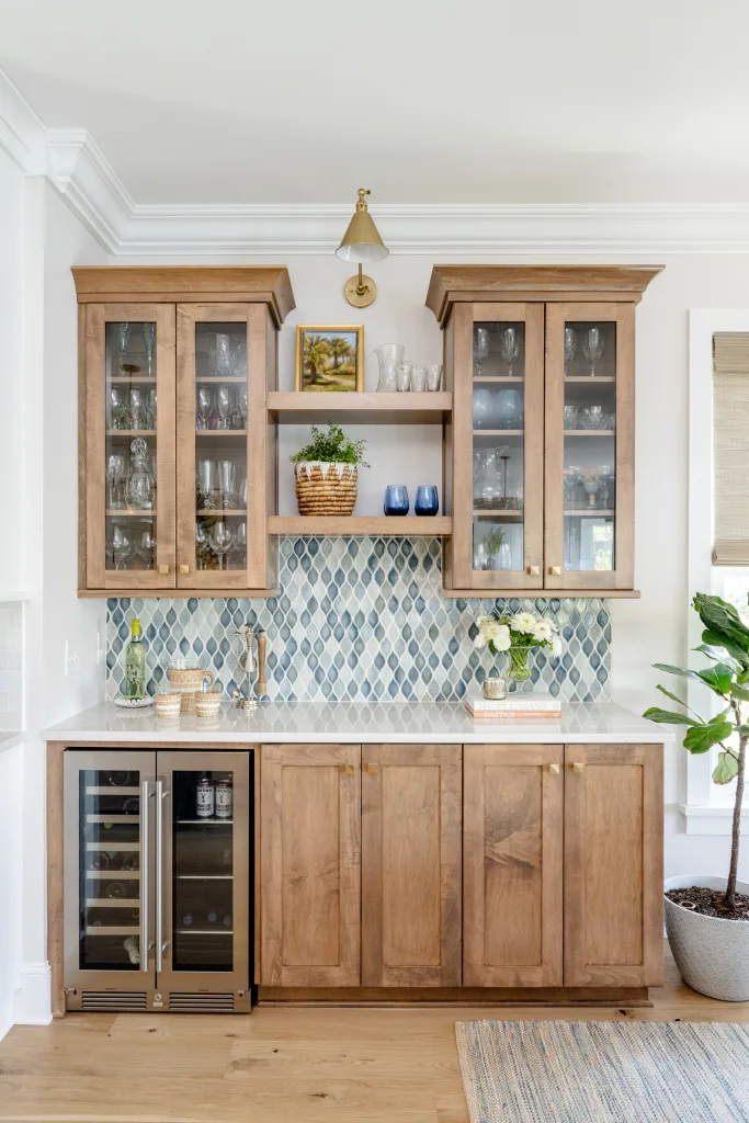 Wood bar cabinetry with diamond mosaic tile and curated open shelves, Charleston, SC